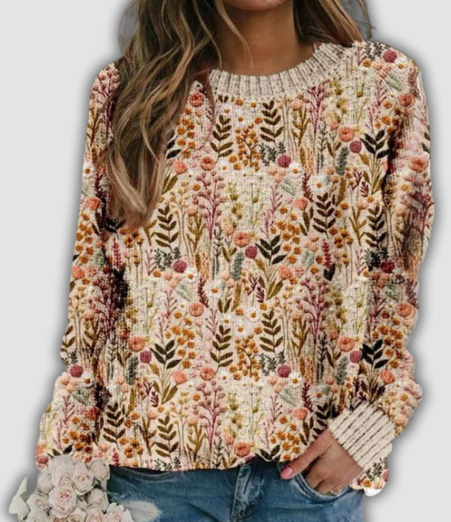 Nina – Dzianinowy Sweter w Kwiaty