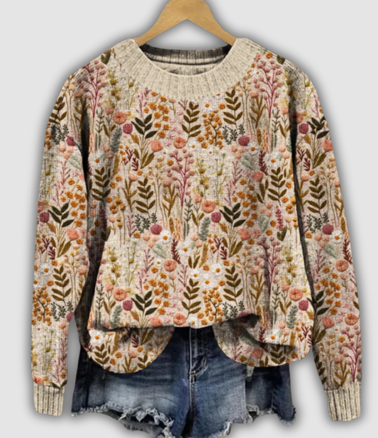 Nina – Dzianinowy Sweter w Kwiaty