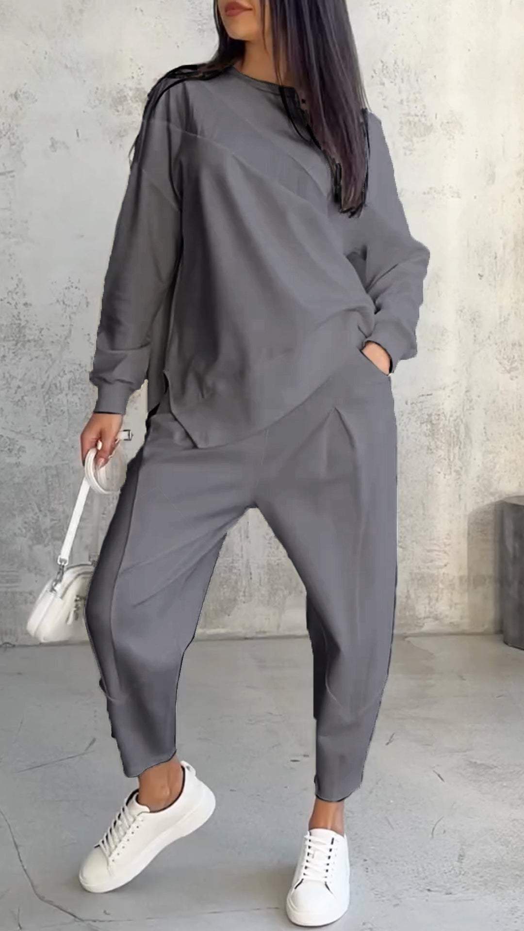 Floriana - Okrągły Dekolt Długi Rękaw Dwuczęściowy Komplet