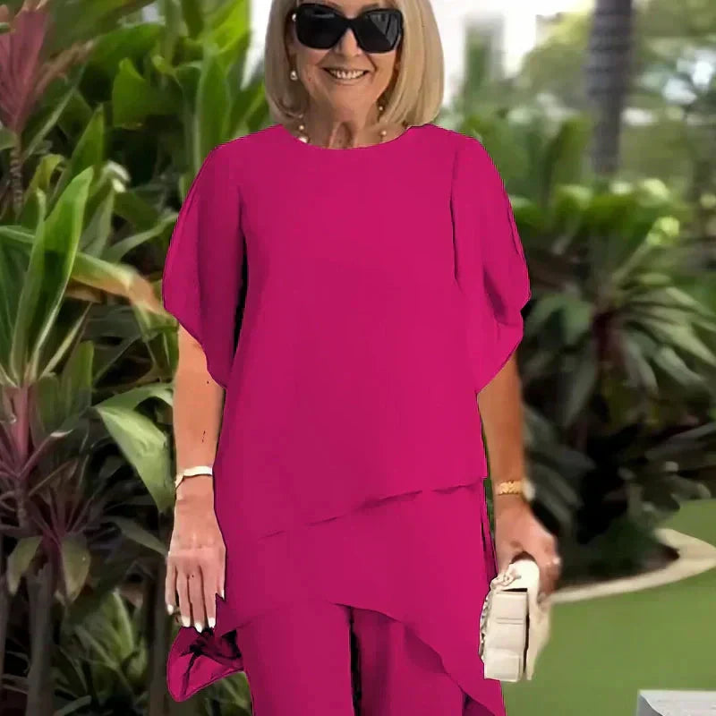 Beata – Elegancki nieregularny komplet top i spodnie